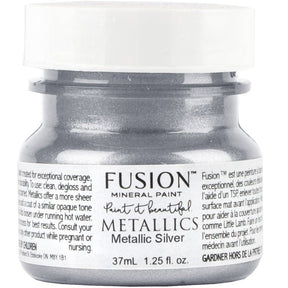 Fusion Mineral Paint Silver Metallic, 1.25 fl oz jar with white label and gray lid.