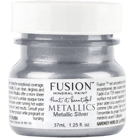 Fusion Mineral Paint Silver Metallic, 1.25 fl oz jar with white label and gray lid.