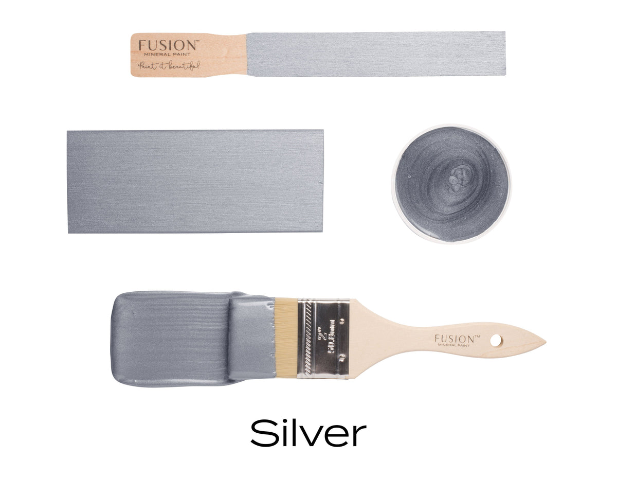 Paintbrush and swatches of Silver Metallic Fusion Mineral Paint by Fusion Mineral Paint on white background.