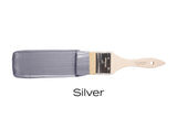 Paintbrush with Silver Metallic Fusion Mineral Paint on bristles and “Silver” text below.