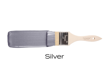 Paintbrush with Silver Metallic Fusion Mineral Paint on bristles and “Silver” text below.