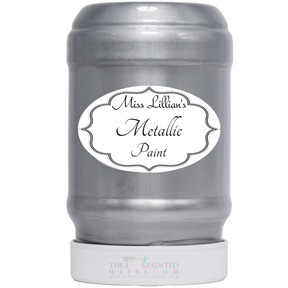 Miss Lillian’s Paint Silver Metallic acrylic paint for silver finishes and furniture restoration projects.