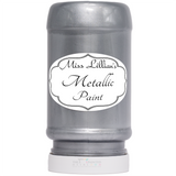 Miss Lillian’s Paint Silver Metallic Paint bottle upright, labeled for acrylic furniture restoration projects.