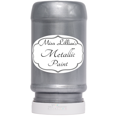 Miss Lillian’s Paint Silver Metallic Paint bottle upright, labeled for acrylic furniture restoration projects.