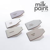 Five rectangular tags showing hues: natural milk paint, hotel robe, Silver Screen by Fusion, marble, and oyster bar.