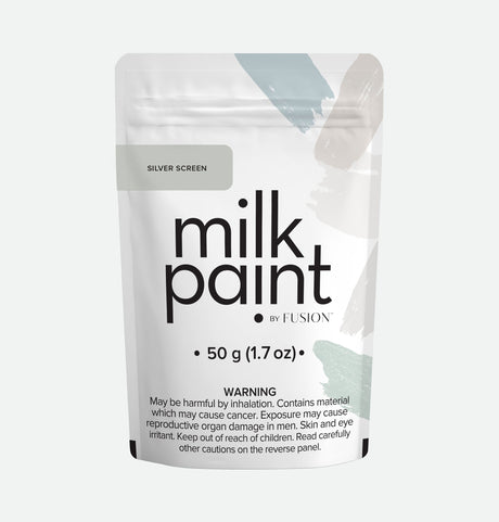Fusion Mineral Paint Silver Screen pouch, 50g, with health warning labels visible on packaging.