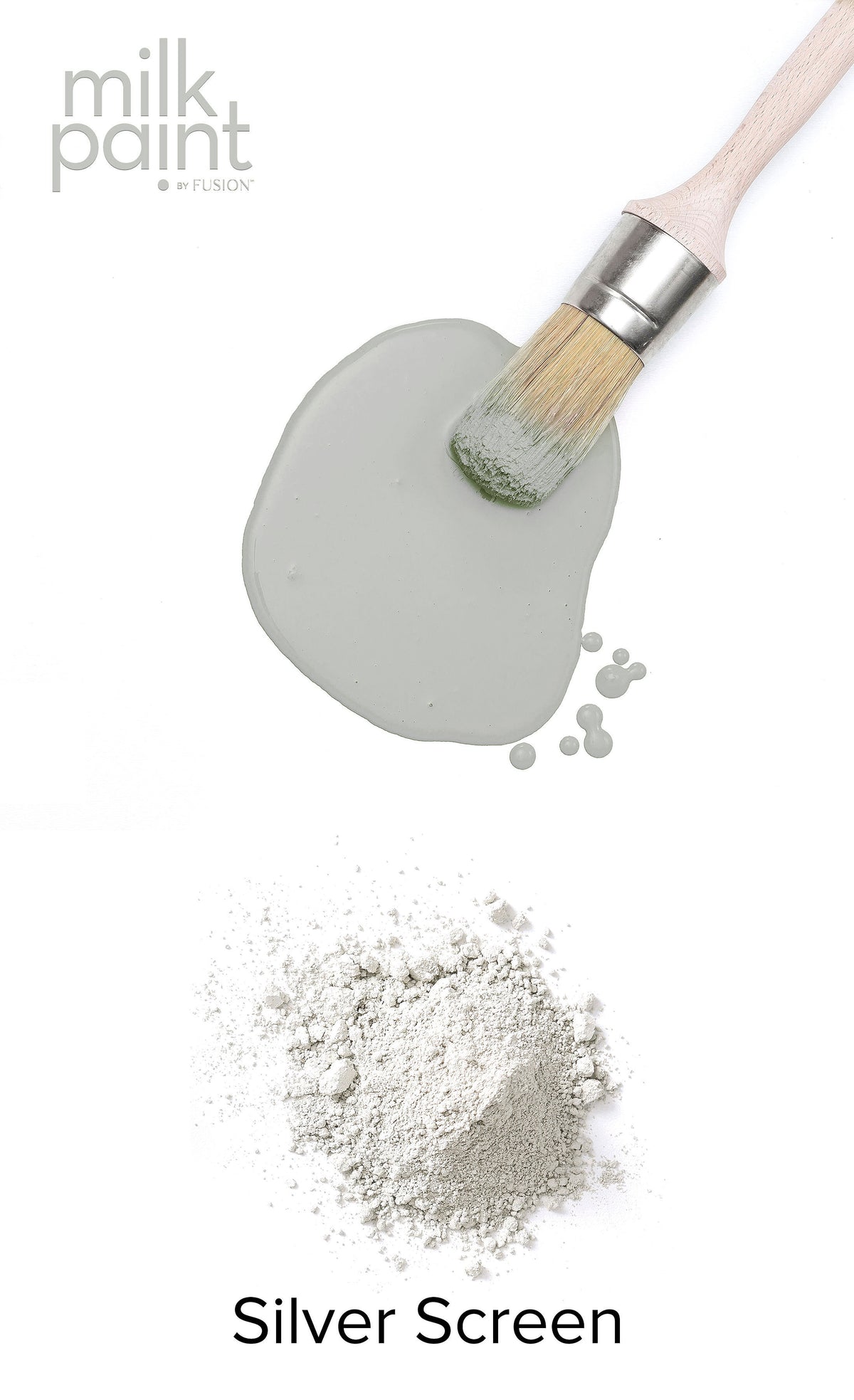 Paintbrush on Fusion Mineral Paint Silver Screen can with matching powder; text reads “Silver Screen”.