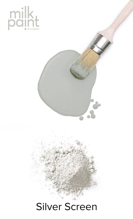 Paintbrush on Fusion Mineral Paint Silver Screen can with matching powder; text reads “Silver Screen”.
