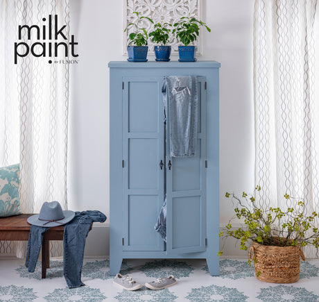 Wardrobe painted in Fusion Mineral Paint’s Skinny Jeans, filled with clothes and shoes.