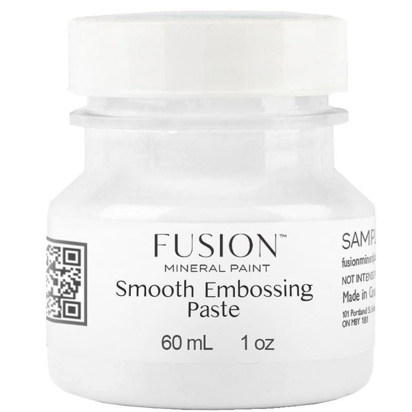 60 mL Fusion Mineral Paint Smooth Embossing Paste Pearl in a clear jar with white lid and labeled front.