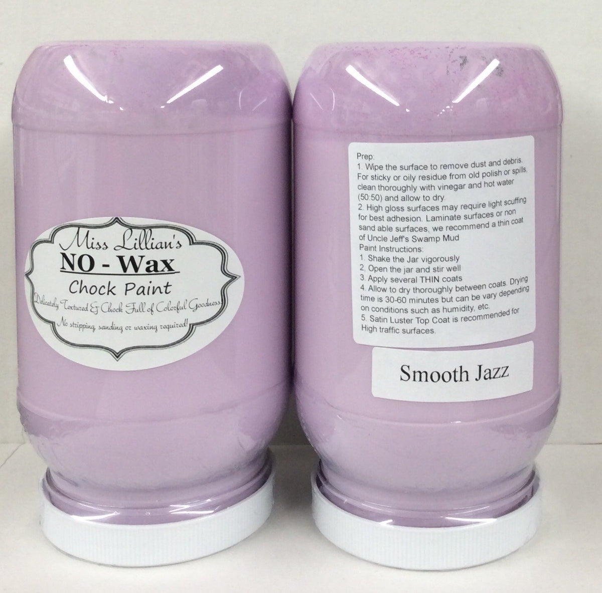 Two jars of Miss Lillian’s Smooth Jazz No-Wax Chock Paint with instructions included.