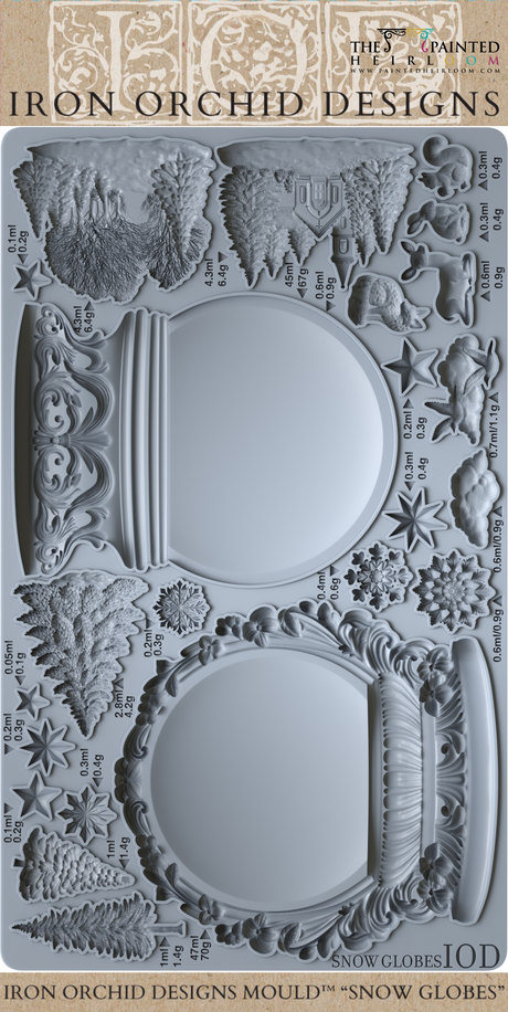 Snow Globes Mould (2025 Limited Release) by IOD, labeled sizes for globes, trees, houses, and ornaments.