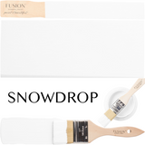 Paintbrushes with Fusion Mineral Paint Snowdrop and neutral white color swatches on a white background.