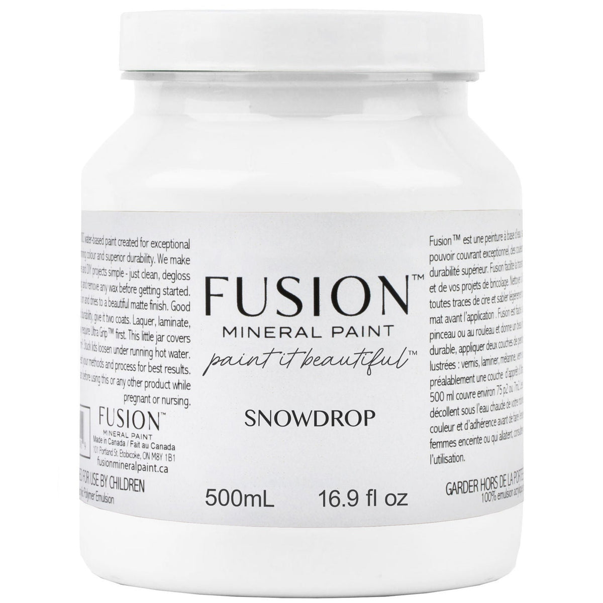 500mL white jar of Fusion Mineral Paint Snowdrop acrylic paint with descriptive label text.