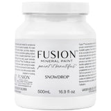 500mL white jar of Fusion Mineral Paint Snowdrop acrylic paint with descriptive label text.