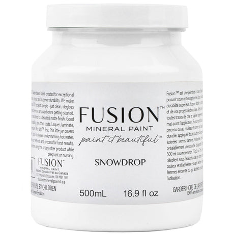 500mL white jar of Fusion Mineral Paint Snowdrop acrylic paint with descriptive label text.