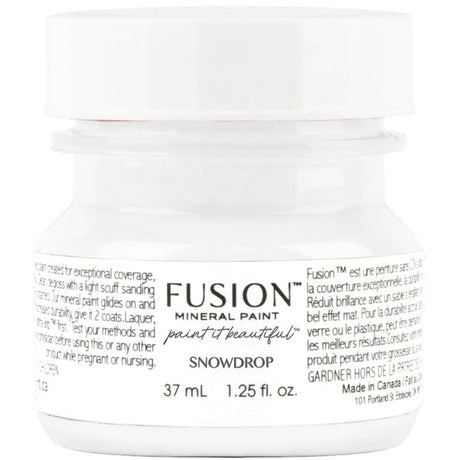 37 mL jar of Snowdrop Fusion Mineral Paint, neutral white, with white lid and detailed Fusion label.