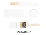 Fusion Mineral Paint Snowdrop sample, paintbrush, and jar lid arranged together on a white surface.