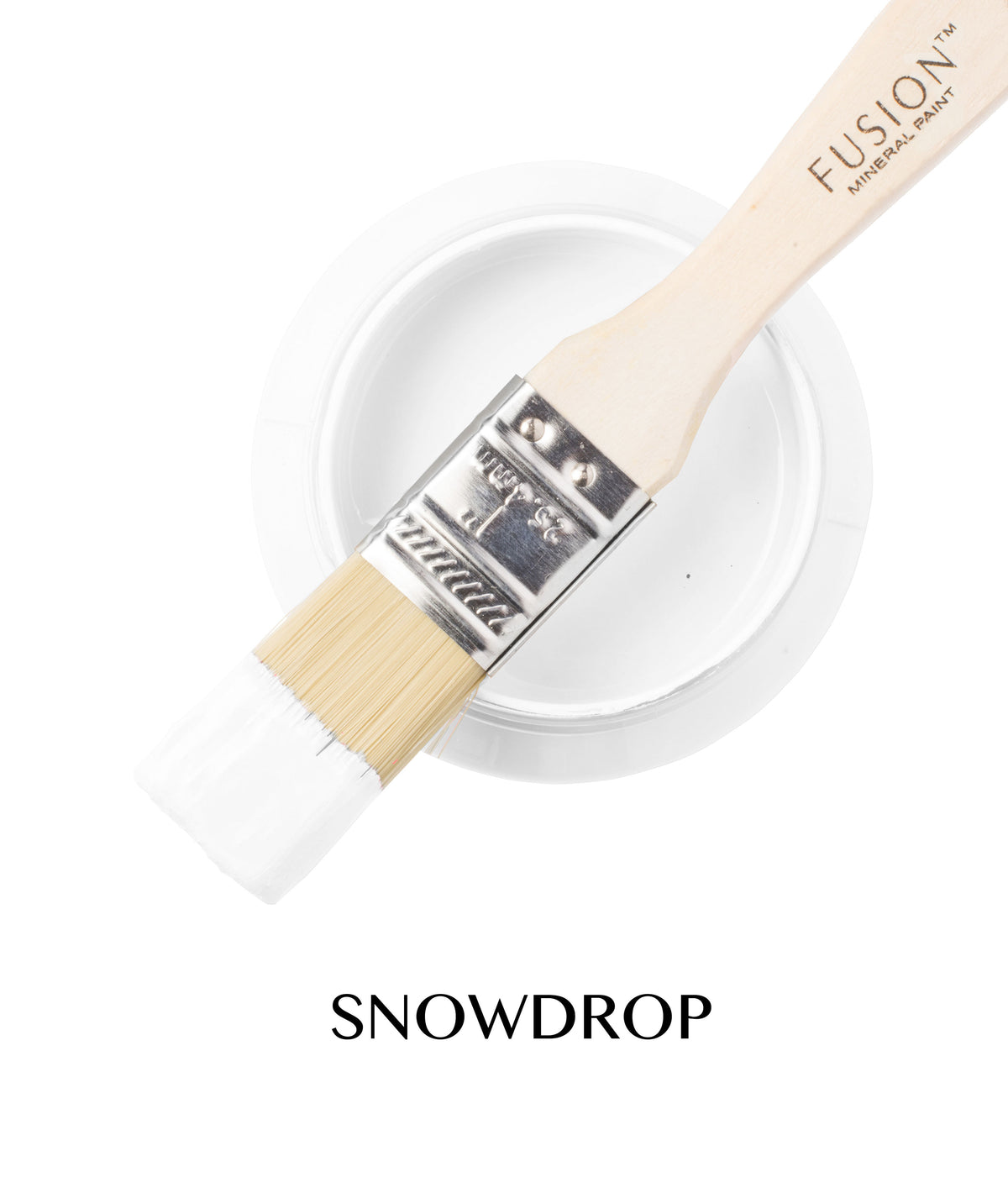 Fusion Mineral Paint jar labeled SNOWDROP with a paintbrush coated in white paint resting on top.