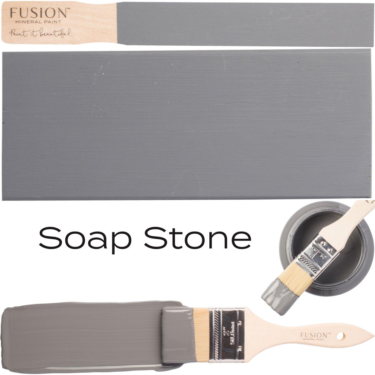 Soap Stone Fusion Mineral Paint container, paintbrush, and painted swatches shown together.