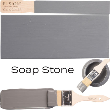 Soap Stone Fusion Mineral Paint container, paintbrush, and painted swatches shown together.