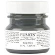 Fusion Mineral Paint Soap Stone, deep gray, tester size, matte finish, with product details visible on label.