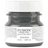 Fusion Mineral Paint Soap Stone, deep gray, tester size, matte finish, with product details visible on label.