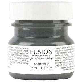 Fusion Mineral Paint Soap Stone, deep gray, tester size, matte finish, with product details visible on label.