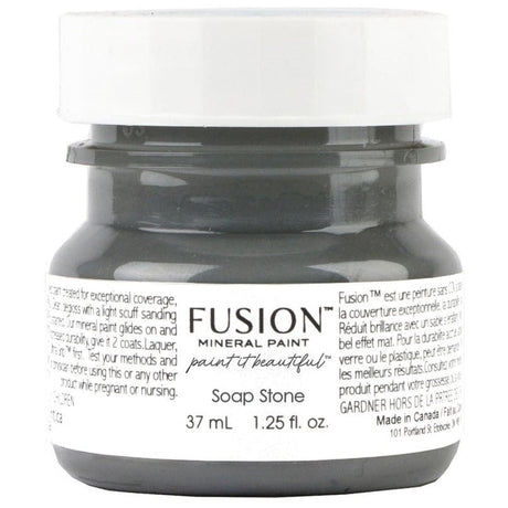 Fusion Mineral Paint Soap Stone, deep gray, tester size, matte finish, with product details visible on label.