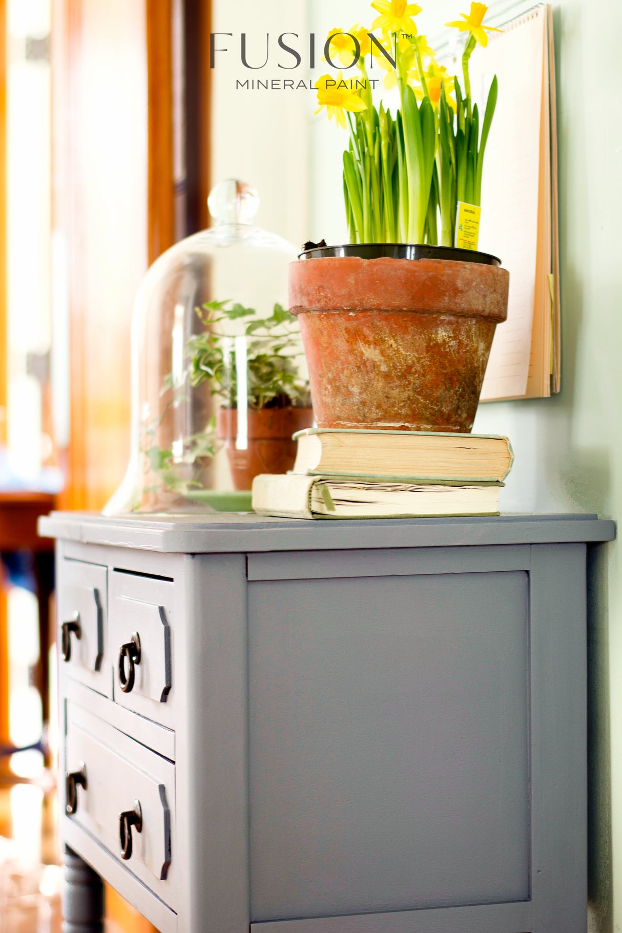 Gray cabinet painted with Soap Stone Fusion Mineral Paint, shown with daffodils, books, and a terrarium on top.