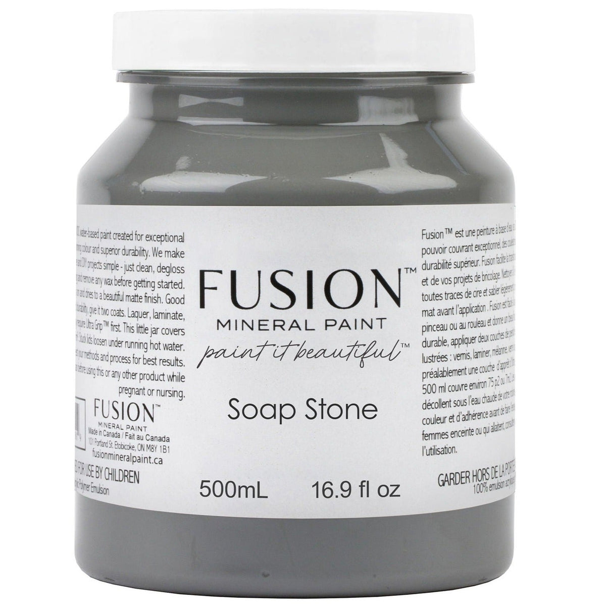 500mL Fusion Mineral Paint Soap Stone, deep gray matte finish, labeled with product details and instructions.