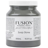 500mL Fusion Mineral Paint Soap Stone, deep gray matte finish, labeled with product details and instructions.