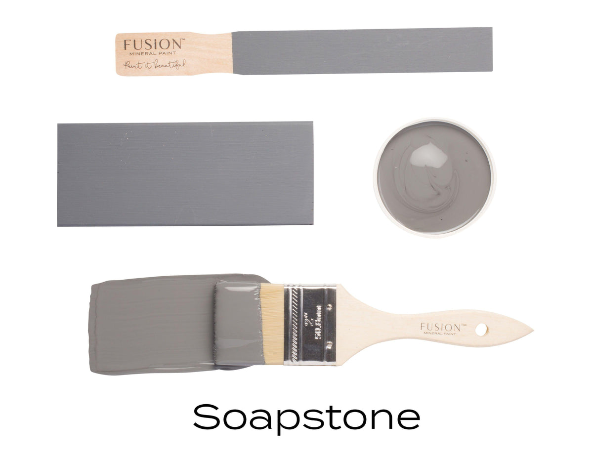 Soap Stone Fusion Mineral Paint sample with two brushes, paint swatch, and matte gray finish.