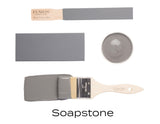 Soap Stone Fusion Mineral Paint sample with two brushes, paint swatch, and matte gray finish.
