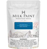 50g pouch of Soldier Blue Milk Paint by Homestead House with health warning label at the bottom.