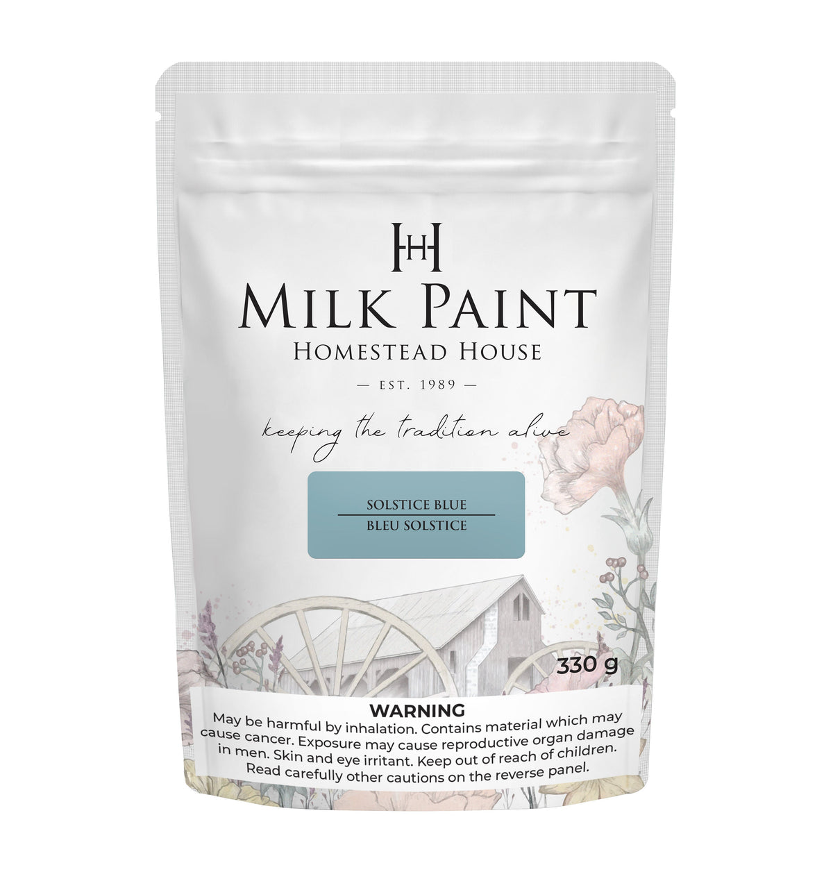 330g Solstice Blue Milk Paint by Homestead House in a bag with floral and wagon-themed art.