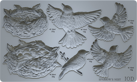 IOD Sparrow’s Nest Mould with nest, eggs, and 5 sparrows; designed for use with IOD Air Dry Clay. Brand: I.O.D.