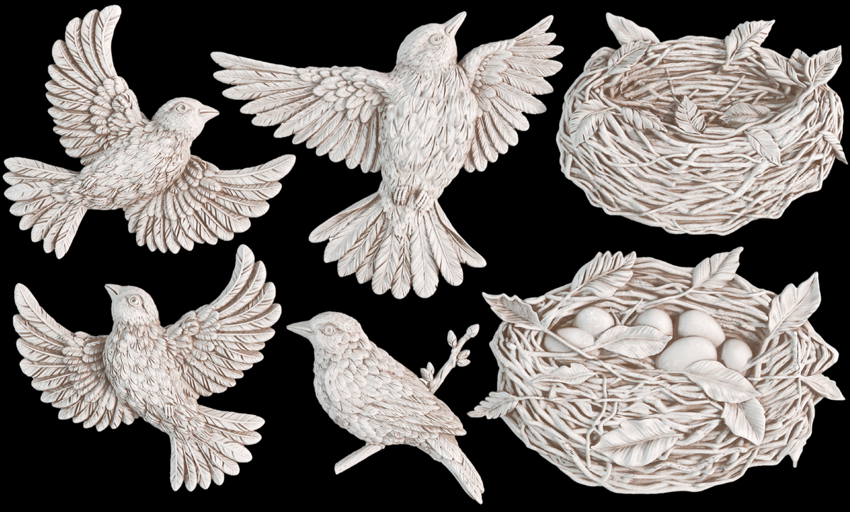 I.O.D. Sparrow’s Nest Mould with five birds and two nests, one empty and one holding eggs.