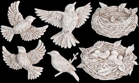 I.O.D. Sparrow’s Nest Mould with five birds and two nests, one empty and one holding eggs.