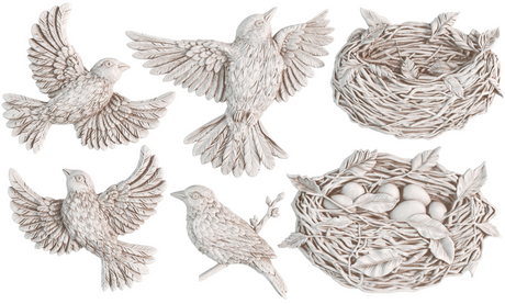 Five birds and two nests in detailed mono style, designed for use with Sparrow’s Nest Mould by I.O.D.