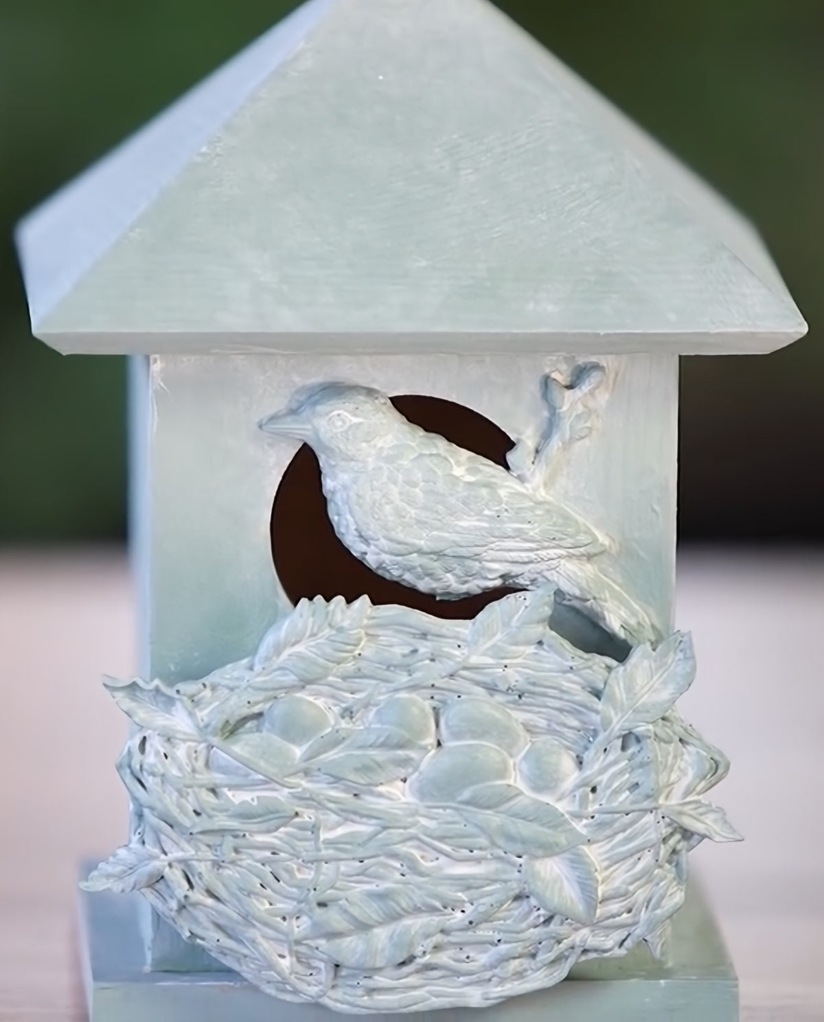Pale blue birdhouse decorated with I.O.D. Sparrow’s Nest Mould birds, nest, and eggs.