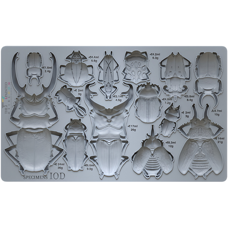 I.O.D. Specimens Mould silicone tray with beetle shapes, labeled by size and weight, by Iron Orchid Designs.