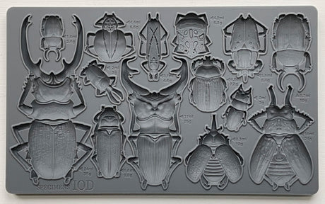 Specimens Mould by I.O.D., gray silicone tray with 17 beetle-shaped cavities labeled for weight and volume.