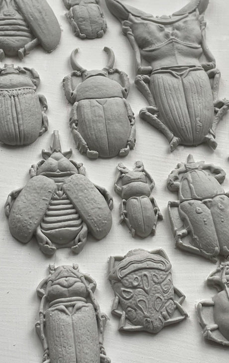 Gray clay beetle decor crafted with I.O.D. Specimens Mould, featuring distinct forms and intricate textures.