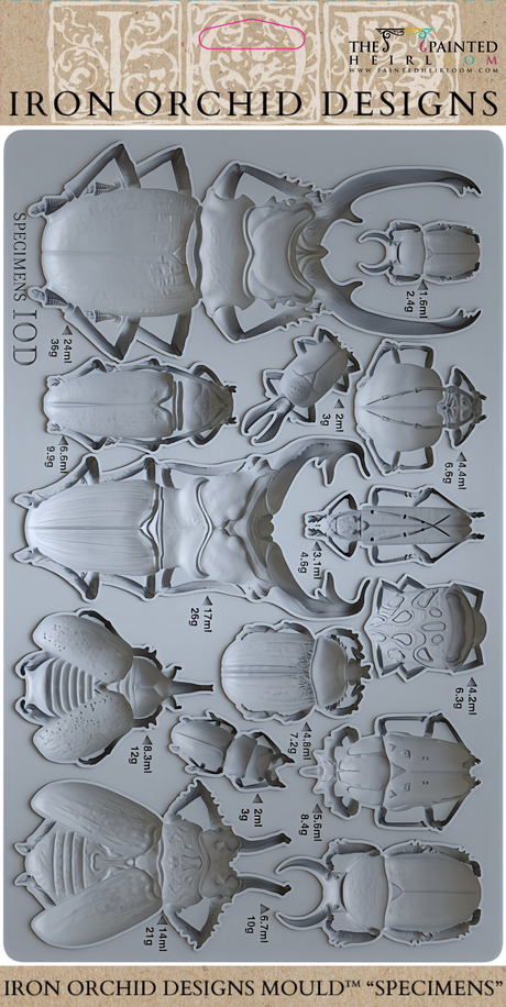 Specimens Mould by IOD featuring rows of labeled insect and beetle shapes with sizes in inches.