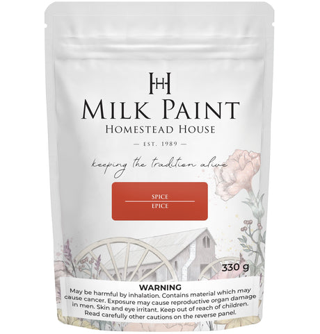 330g Homestead House Spice Milk Paint bag, barn illustration on front, health warning at bottom.