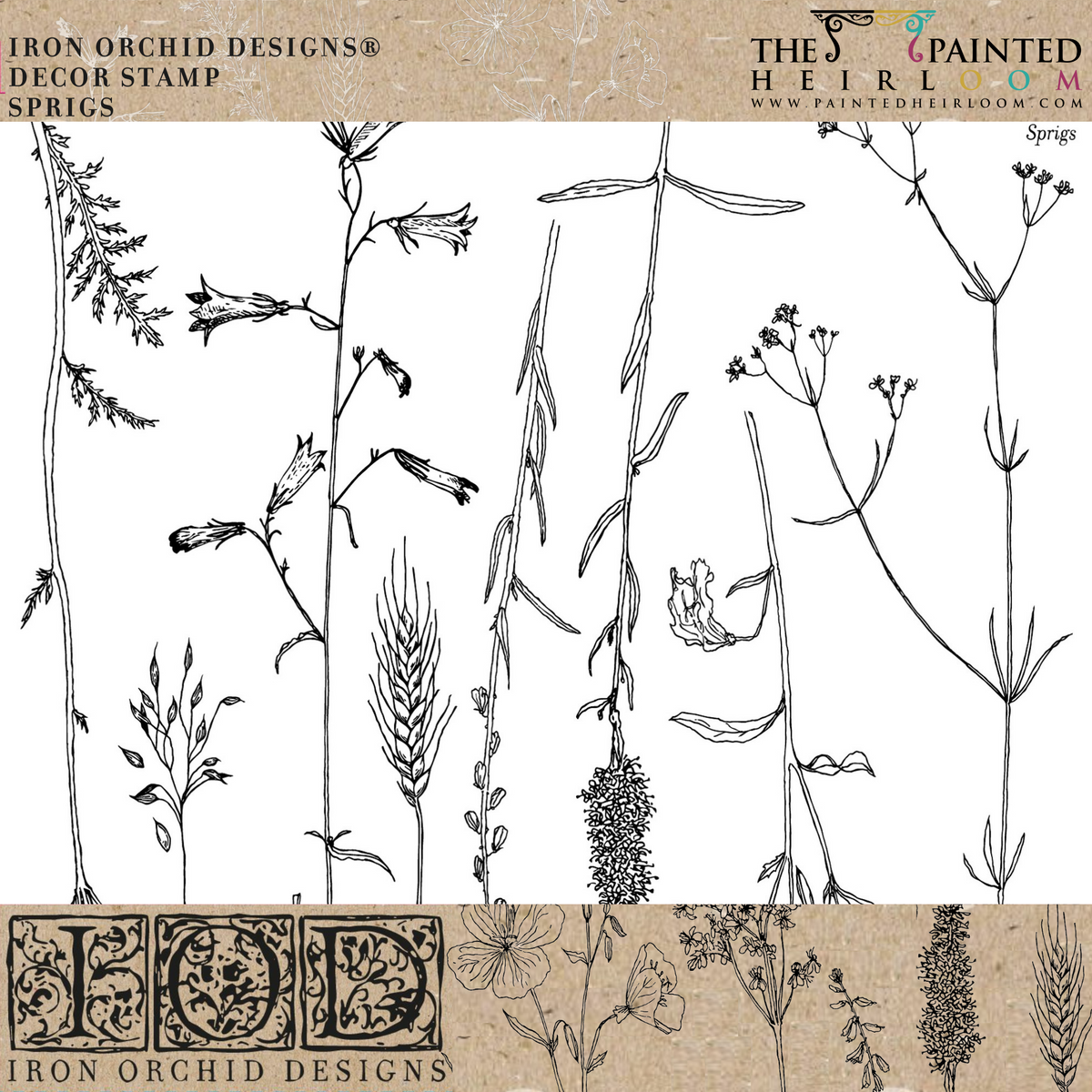 Sprigs Stamp by IOD, silicone stamp for scrapbooking and botanical-themed projects.