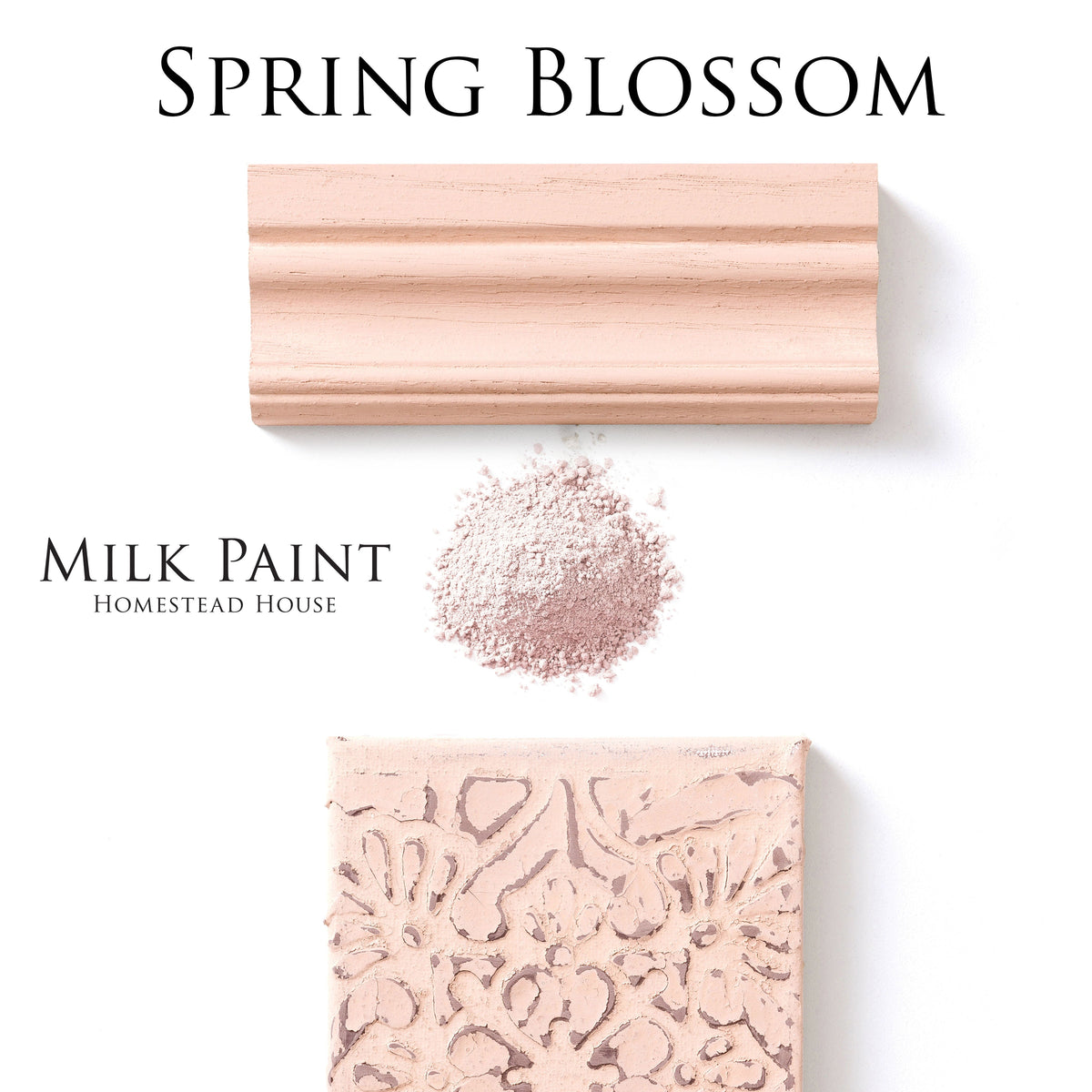Spring Blossom Milk Paint by Homestead House—pink powder, paint swatch, and labeled tile on white background.