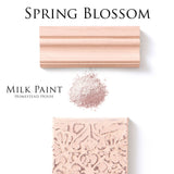 Spring Blossom Milk Paint by Homestead House—pink powder, paint swatch, and labeled tile on white background.