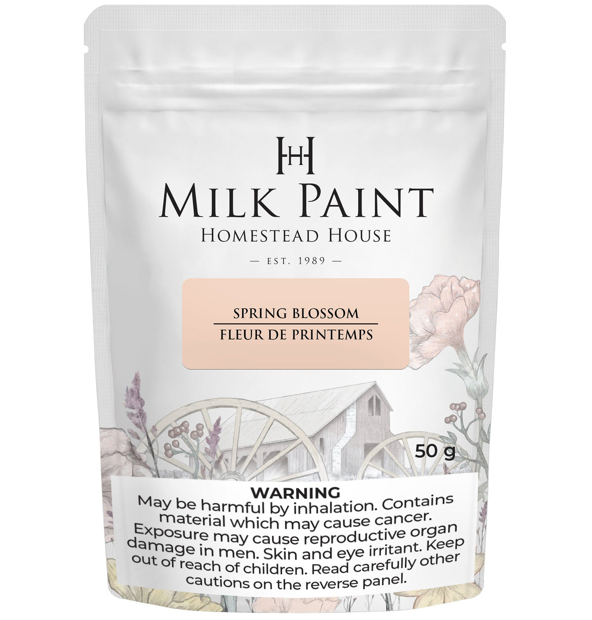 50g Homestead House Spring Blossom Milk Paint bag with health warnings and a floral wagon wheel graphic.